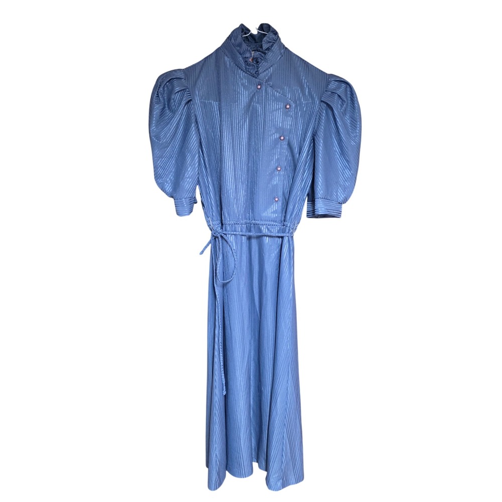80s Jerri Jee New York Midi Dress Size 5 Blue Pinstripe Puff Sleeve‎ Mock Neck
